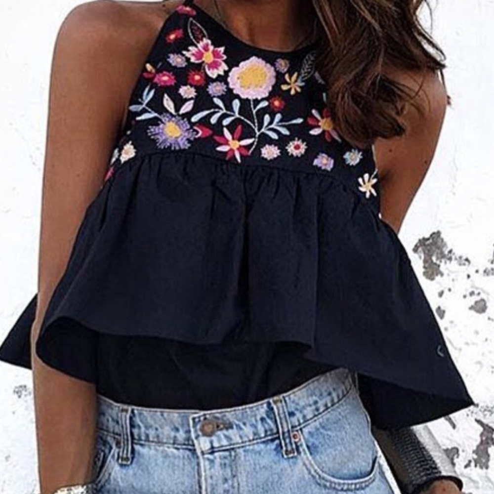 ZARA Floral Embroidered Tiered Ruffle Sleeveless Black Halter Top